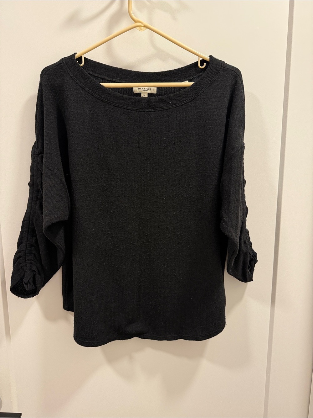 Max Studio Black Knit Pullover with Ruched 3/4 Sleeves